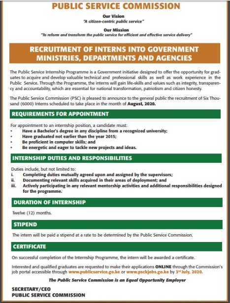 Public Service Commission (PSC) has announced the recruitment of six thousand (6,000) interns