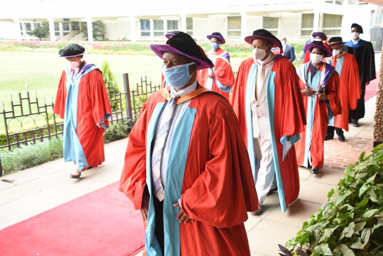 Members of the academic fraternity in a procession during the VC's Address to Freshers on 3rd September 2020.