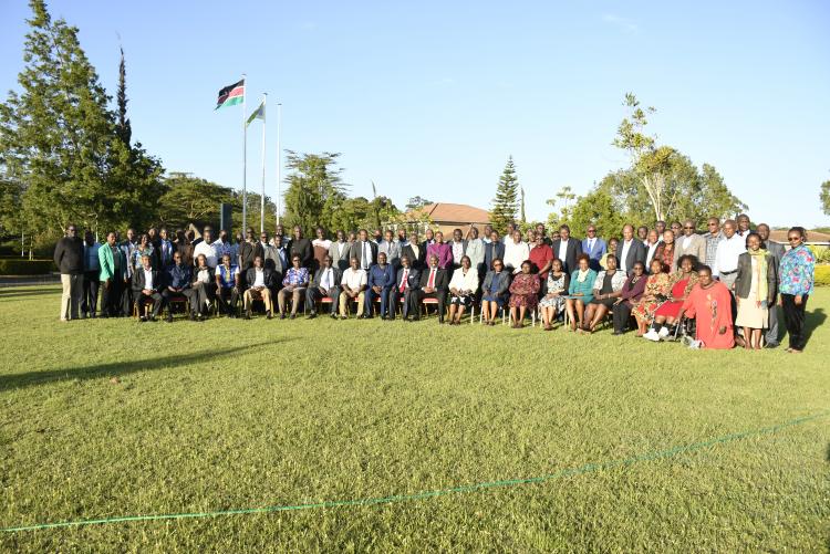 Prof. Ogeng'o in a group photo with the Vice Chancellor Prof. Kiama and chairpersons of departments after the training that was held on 6th January, 2023